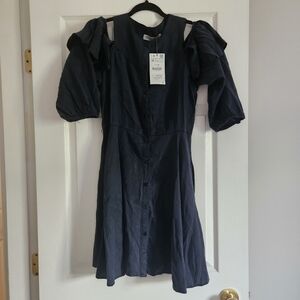 Zara Blue Puff Sleeve Cold Shoulder Mini Dress